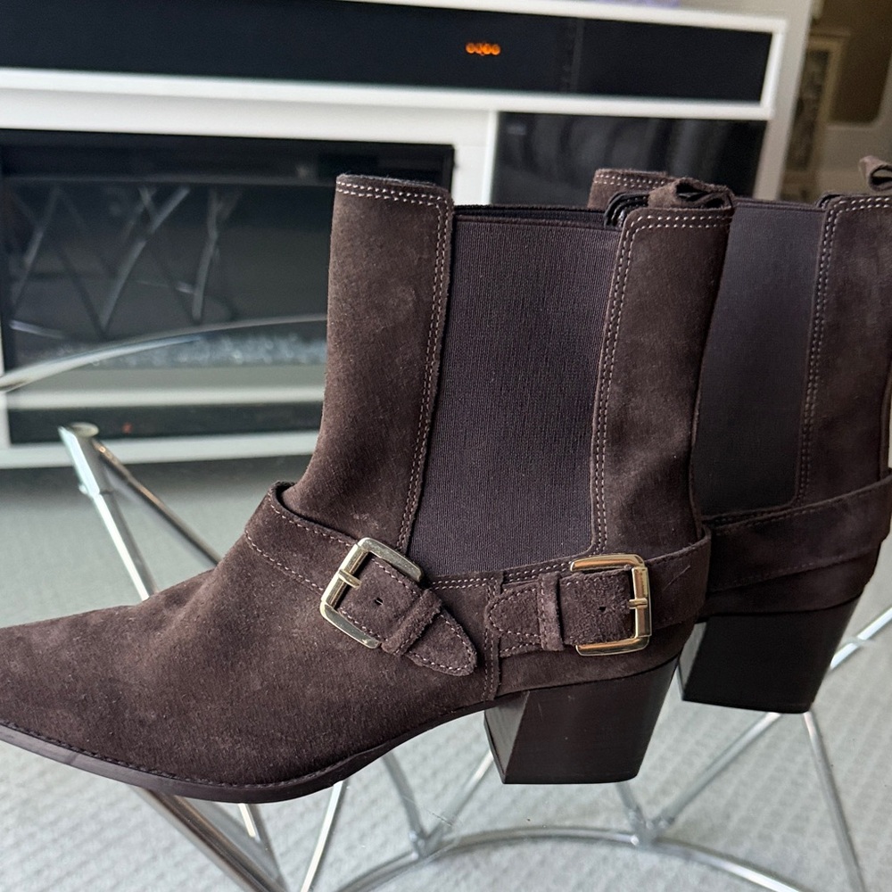 Duno Women's Dark Brown Suede Buckle Chelsea Ankle Boots Leather